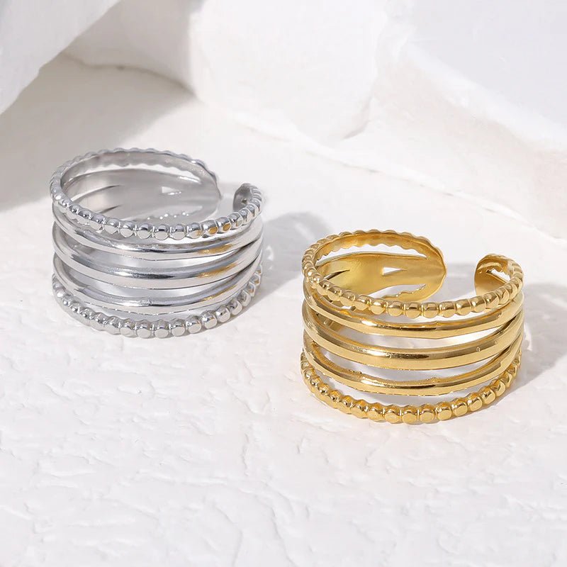 RVS Verstelbare Open Ring - 5 Strepen (3 Glad & 2 Dots) - One Size - Goudkleur -