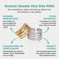 RVS Verstelbare Open Ring - 5 Strepen (3 Glad & 2 Dots) - One Size - Goudkleur -