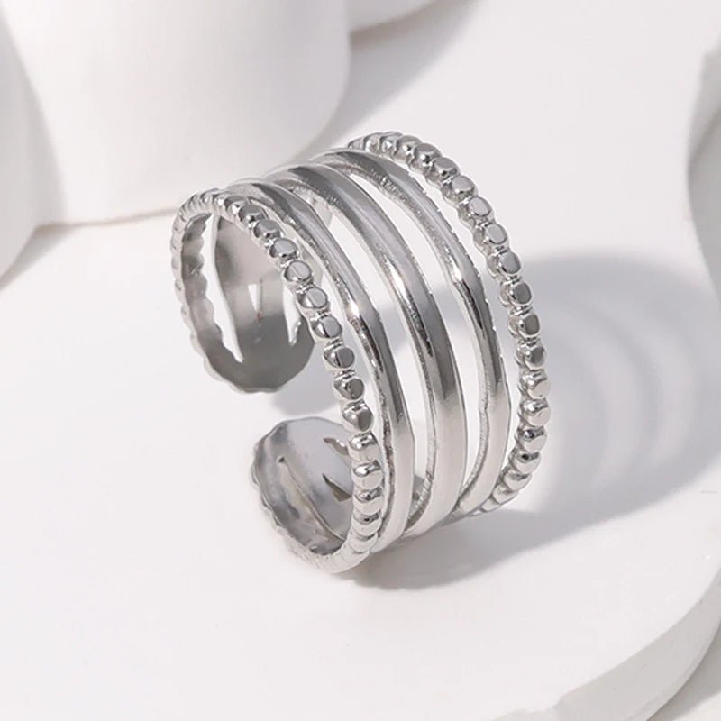 RVS Verstelbare Open Ring - 5 Strepen (3 Glad & 2 Dots) - One Size - Goudkleur -