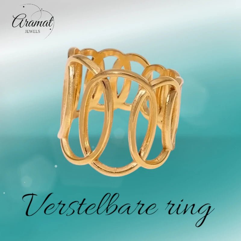 RVS Verstelbare Open Ring - Overlappende Ovalen - One Size - Goudkleur -