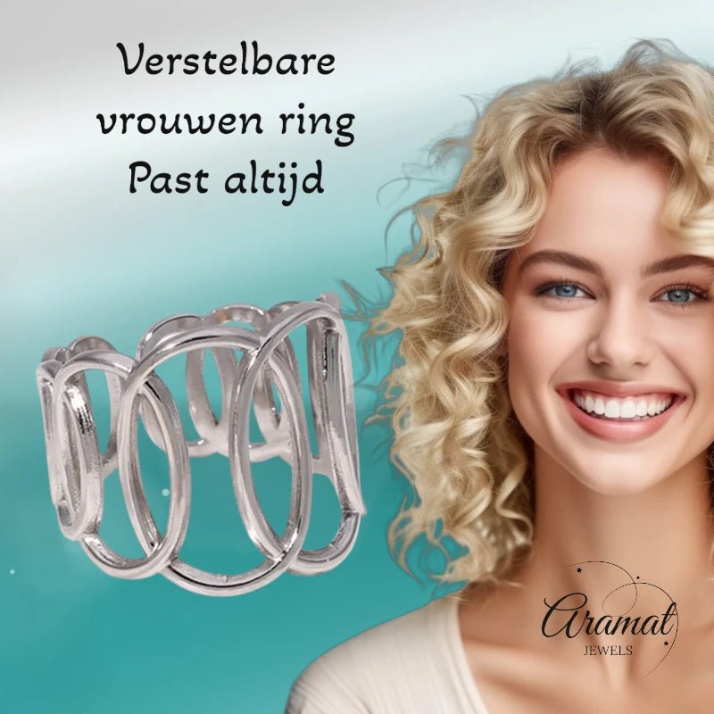 RVS Verstelbare Open Ring - Overlappende Ovalen - One Size - Goudkleur -