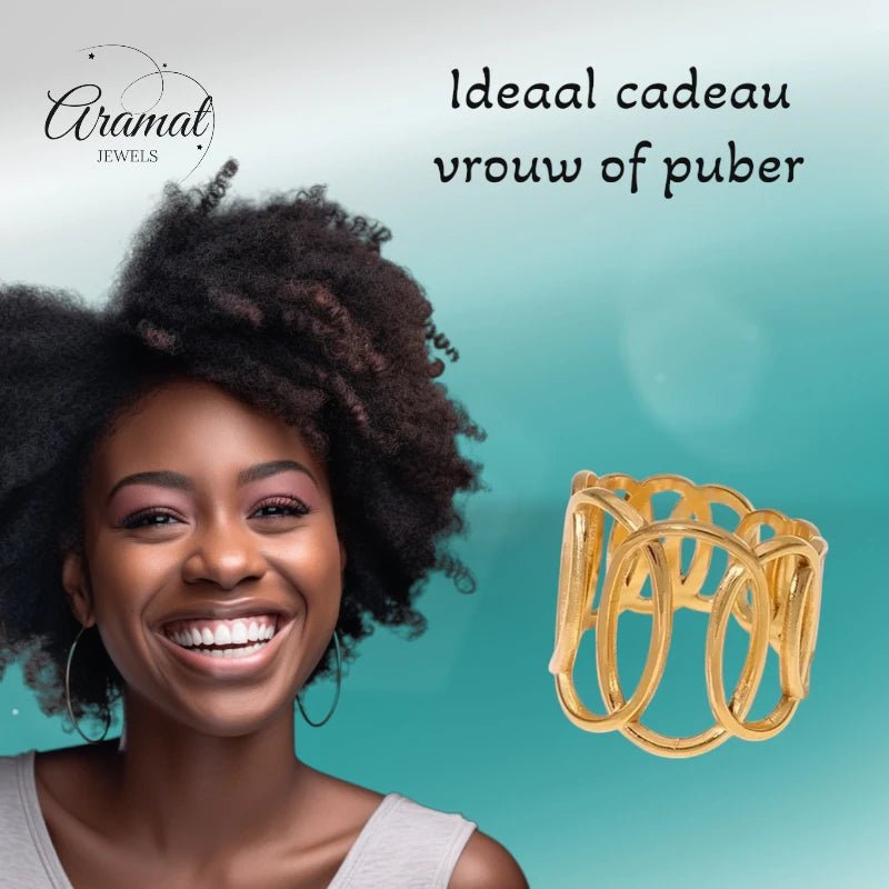 RVS Verstelbare Open Ring - Overlappende Ovalen - One Size - Goudkleur -