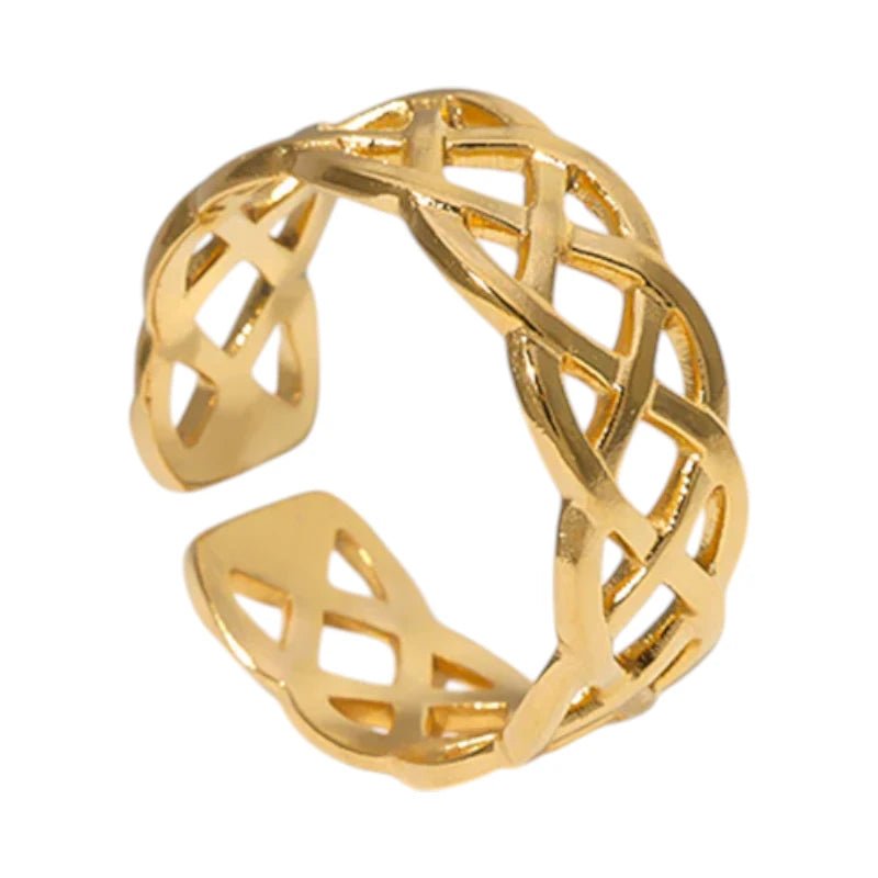 Stalen Verstelbare Open Ring - Gevlochten Motief - One Size - Goudkleur -