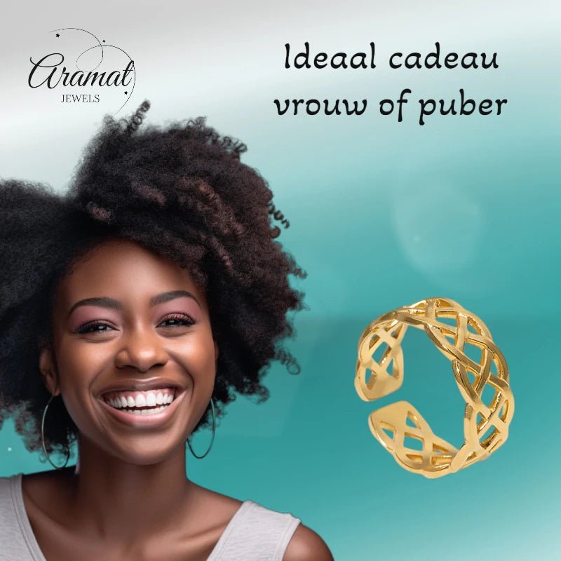 Stalen Verstelbare Open Ring - Gevlochten Motief - One Size - Goudkleur -