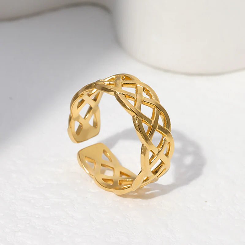 Stalen Verstelbare Open Ring - Gevlochten Motief - One Size - Goudkleur -