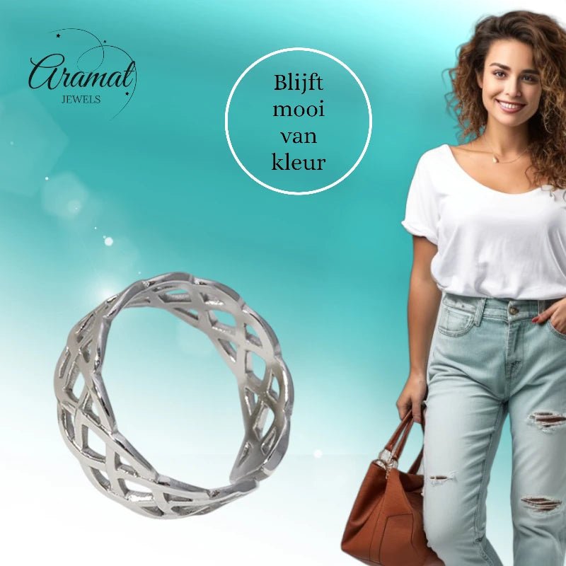 Stalen Verstelbare Open Ring - Gevlochten Motief - One Size - Goudkleur -