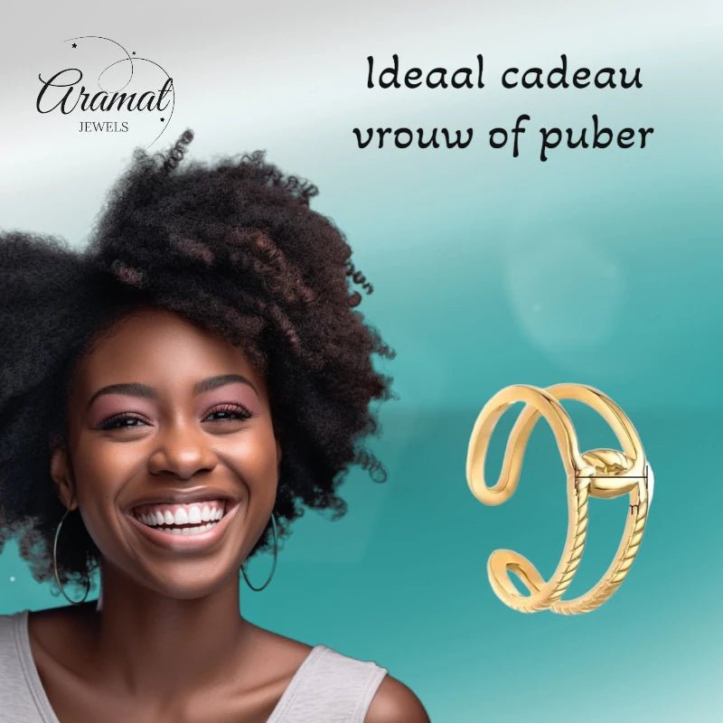 Stalen Verstelbare Open Ring - In Elkaar Motief - One Size - Goudkleur -