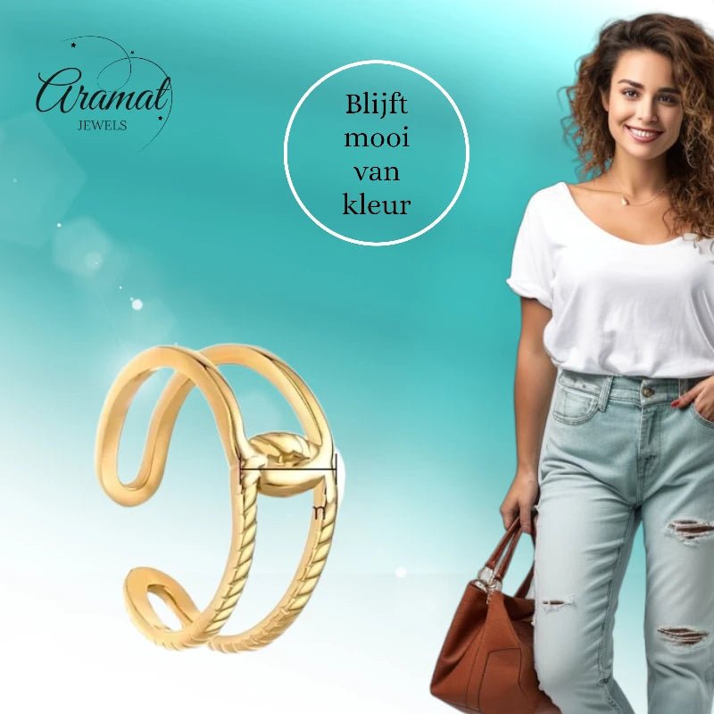 Stalen Verstelbare Open Ring - In Elkaar Motief - One Size - Goudkleur -