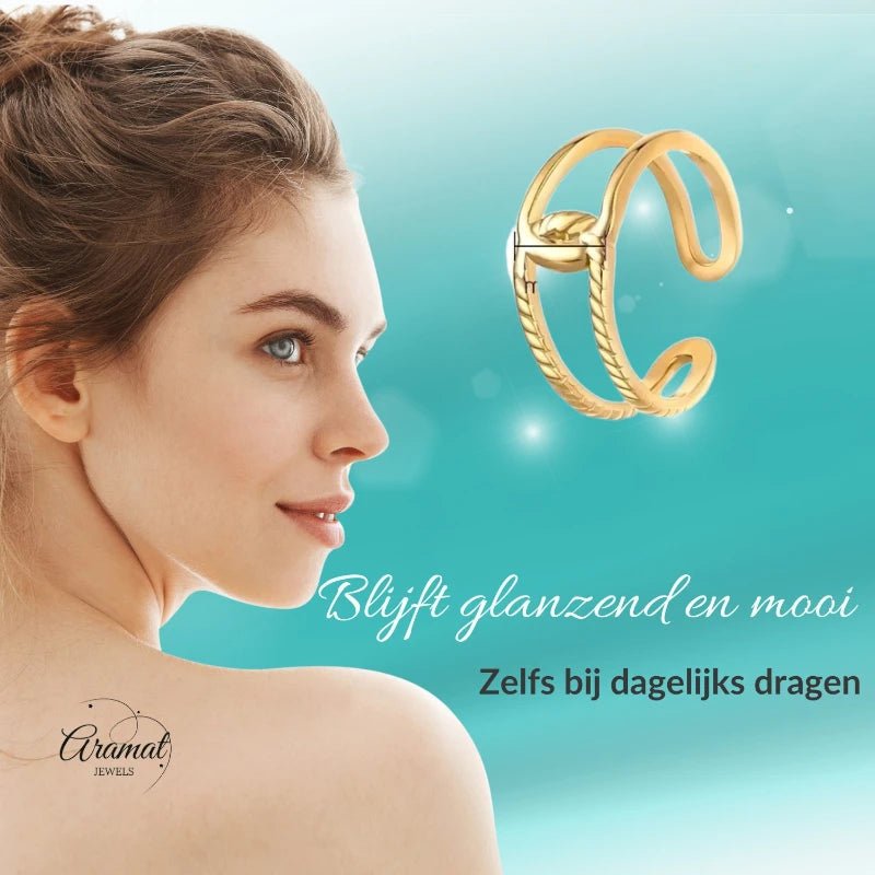 Stalen Verstelbare Open Ring - In Elkaar Motief - One Size - Goudkleur -