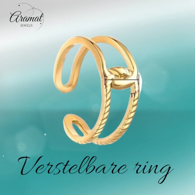 Stalen Verstelbare Open Ring - In Elkaar Motief - One Size - Goudkleur -