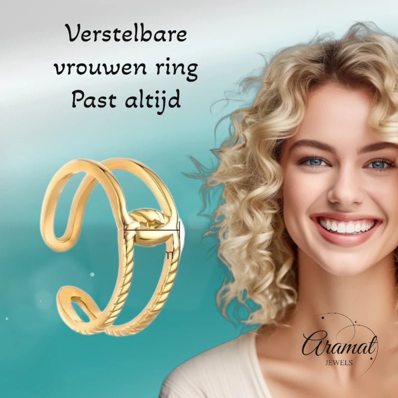 Stalen Verstelbare Open Ring - In Elkaar Motief - One Size - Goudkleur -