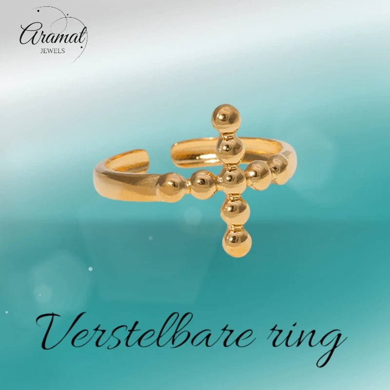 Stalen Verstelbare Open Ring - Kruis van Dots - One Size - Goudkleur -