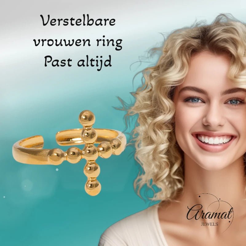 Stalen Verstelbare Open Ring - Kruis van Dots - One Size - Goudkleur -