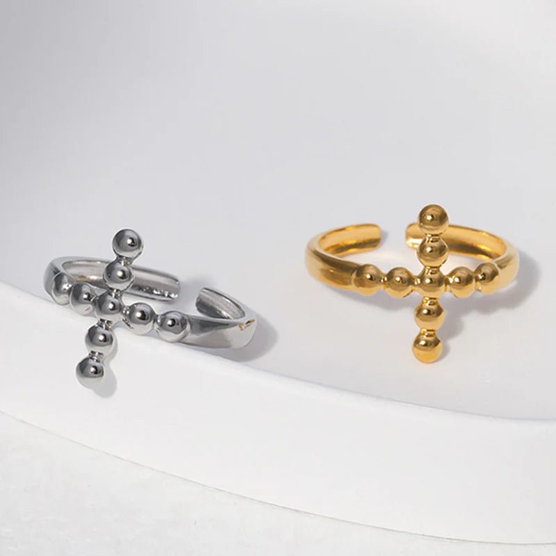 Stalen Verstelbare Open Ring - Kruis van Dots - One Size - Goudkleur -