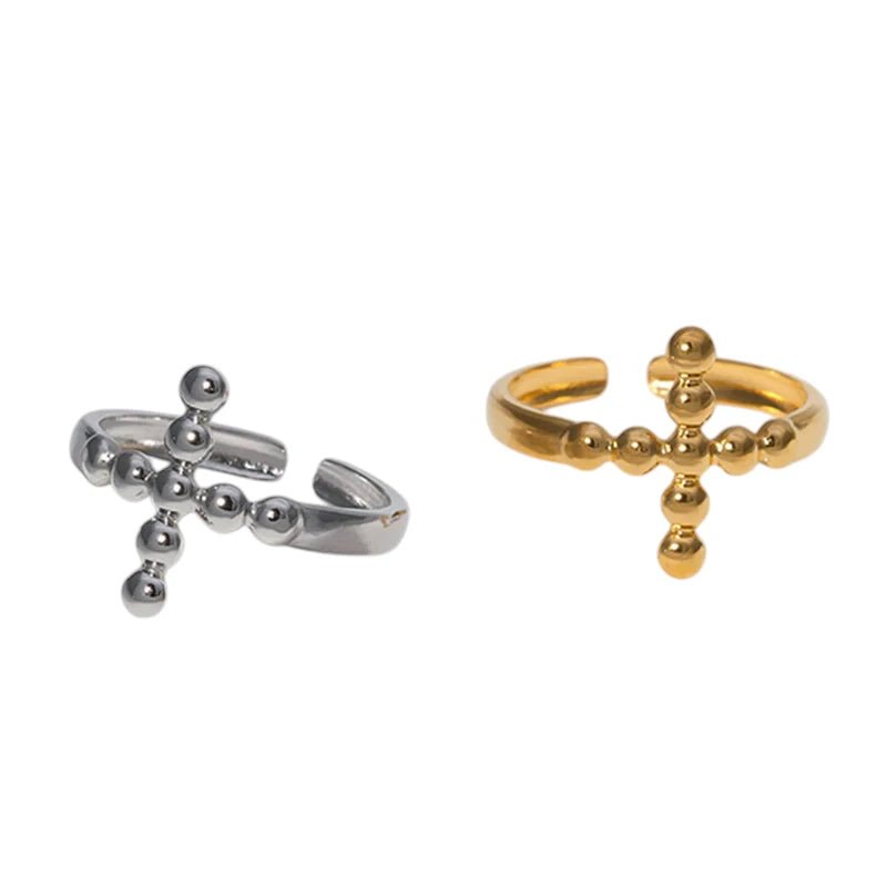 Stalen Verstelbare Open Ring - Kruis van Dots - One Size - Goudkleur -