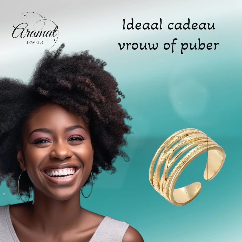 Stalen Verstelbare Open Ring - Lijnenspel - One Size - Goudkleur -