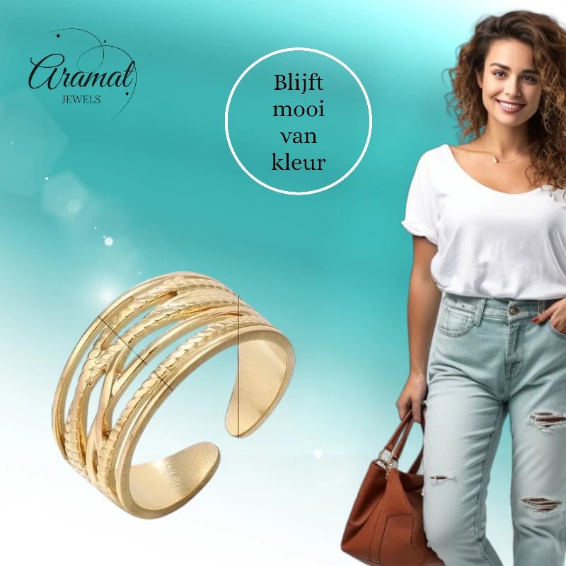 Stalen Verstelbare Open Ring - Lijnenspel - One Size - Goudkleur -