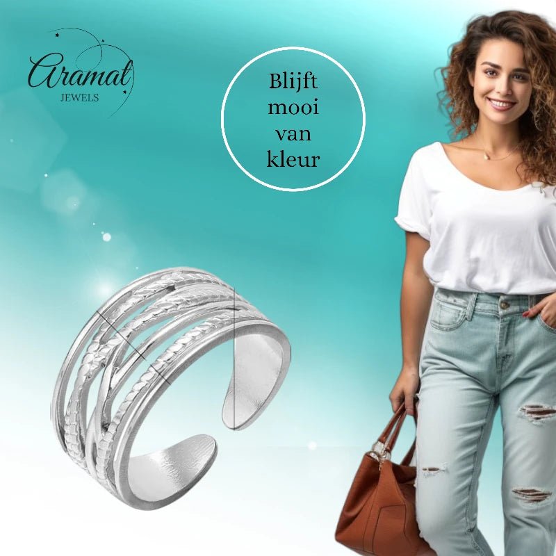 Stalen Verstelbare Open Ring - Lijnenspel - One Size - Goudkleur -