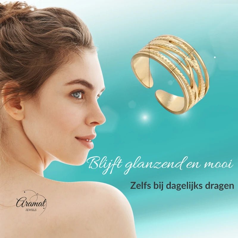 Stalen Verstelbare Open Ring - Lijnenspel - One Size - Goudkleur -