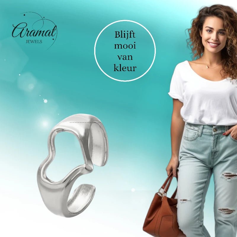 Stalen Verstelbare Open Ring - Open Hartje - One Size - Goudkleur -