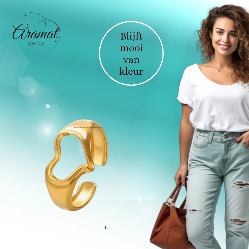 Stalen Verstelbare Open Ring - Open Hartje - One Size - Goudkleur -