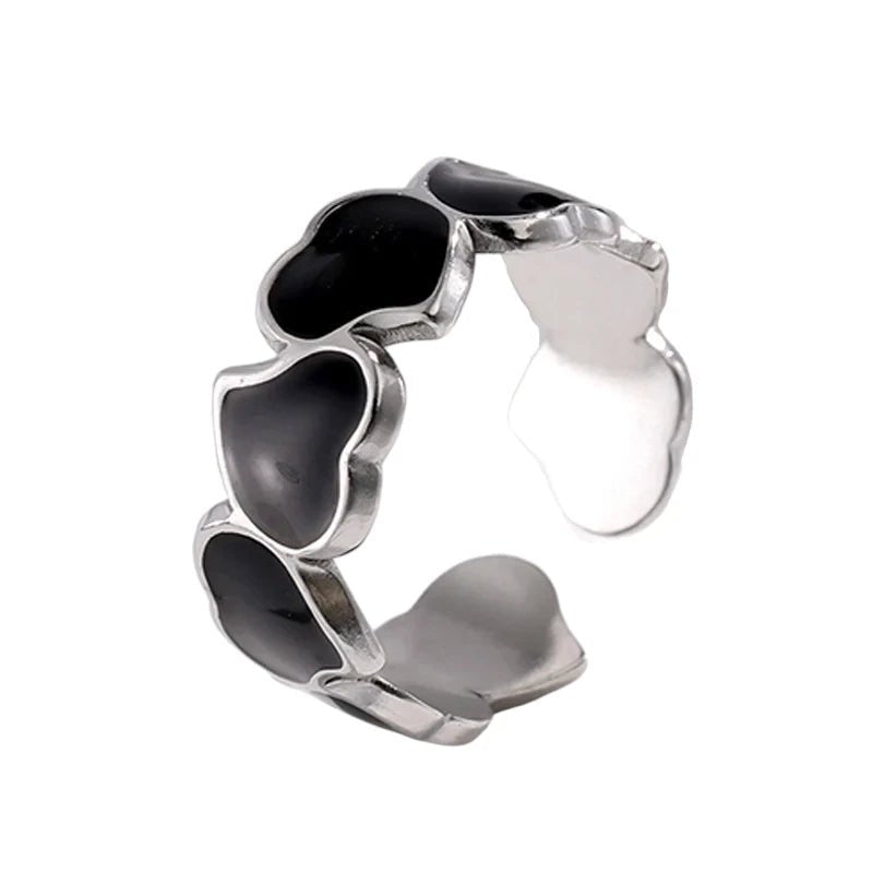 Stalen Verstelbare Open Ring - Hartjes & Zwart Emaille - One Size - Zilverkleur -