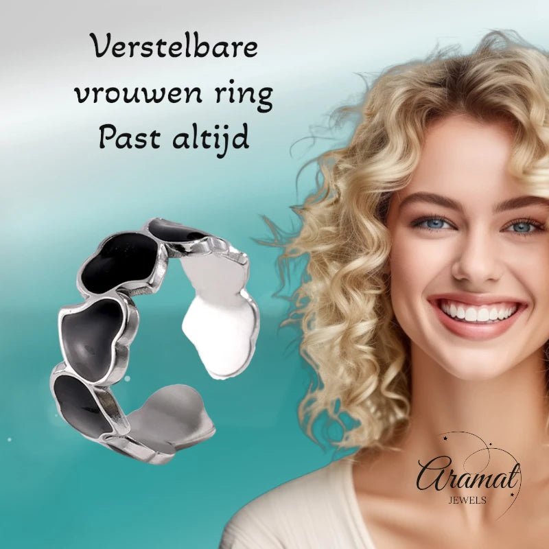 Stalen Verstelbare Open Ring - Hartjes & Zwart Emaille - One Size - Zilverkleur -