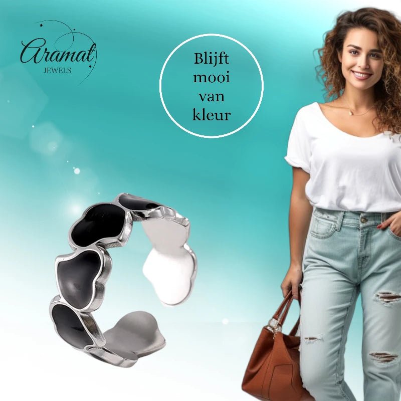 Stalen Verstelbare Open Ring - Hartjes & Zwart Emaille - One Size - Zilverkleur -