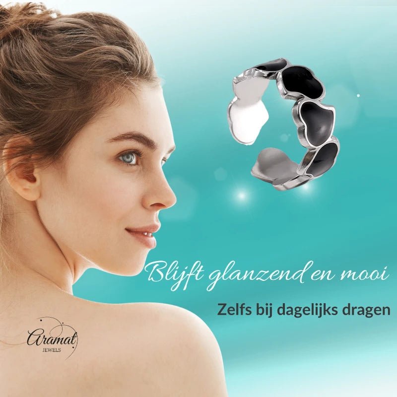 Stalen Verstelbare Open Ring - Hartjes & Zwart Emaille - One Size - Zilverkleur -