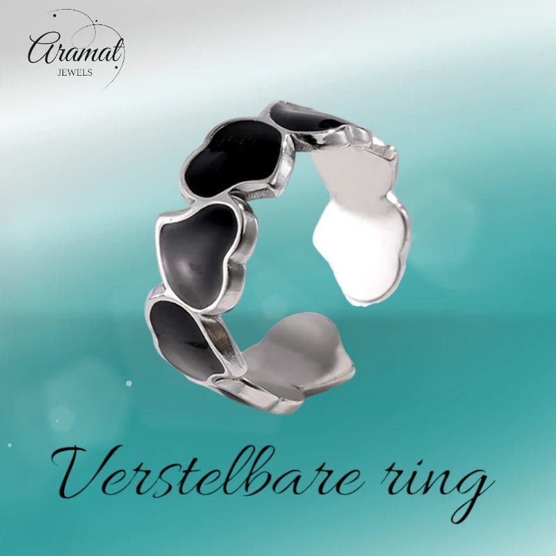 Stalen Verstelbare Open Ring - Hartjes & Zwart Emaille - One Size - Zilverkleur -