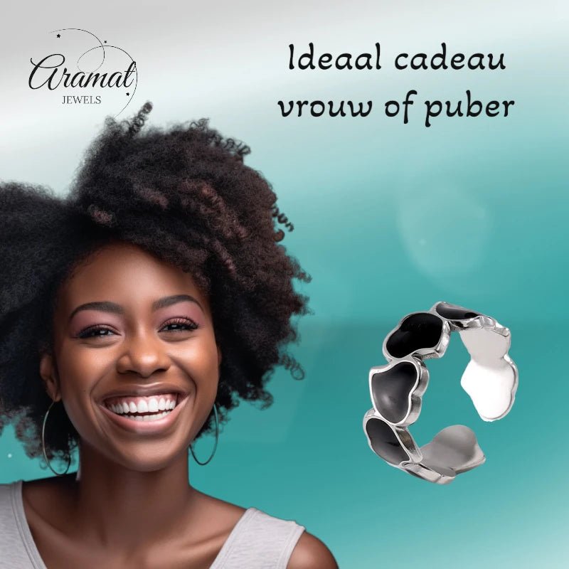 Stalen Verstelbare Open Ring - Hartjes & Zwart Emaille - One Size - Zilverkleur -
