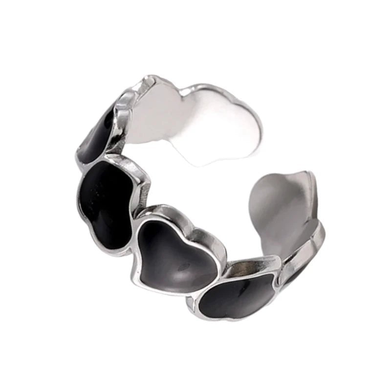 Stalen Verstelbare Open Ring - Hartjes & Zwart Emaille - One Size - Zilverkleur -