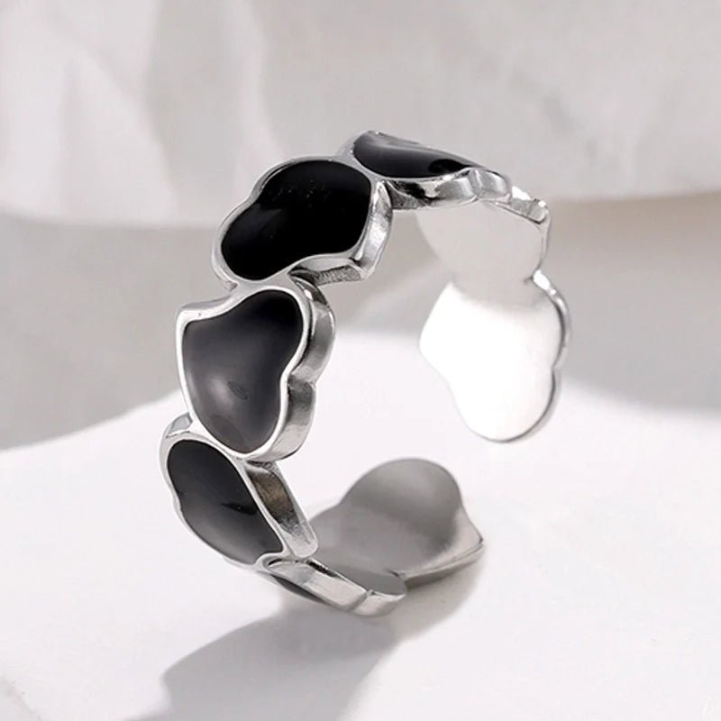 Stalen Verstelbare Open Ring - Hartjes & Zwart Emaille - One Size - Zilverkleur -