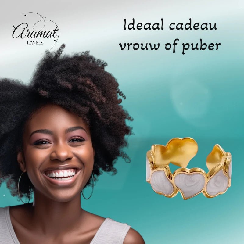 Stalen Verstelbare Open Ring - Hartjes & Parelmoer - One Size - Goudkleur -