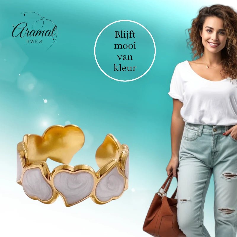 Stalen Verstelbare Open Ring - Hartjes & Parelmoer - One Size - Goudkleur -