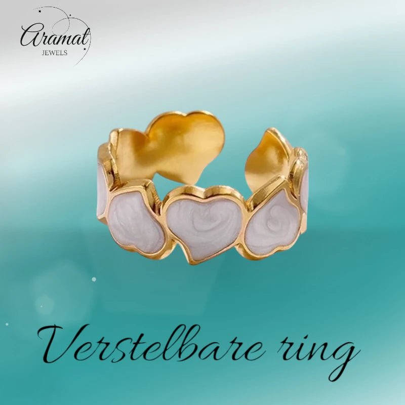 Stalen Verstelbare Open Ring - Hartjes & Parelmoer - One Size - Goudkleur -