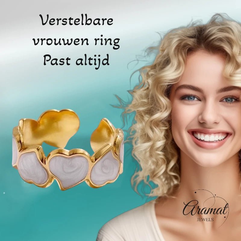 Stalen Verstelbare Open Ring - Hartjes & Parelmoer - One Size - Goudkleur -