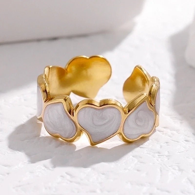 Stalen Verstelbare Open Ring - Hartjes & Parelmoer - One Size - Goudkleur -