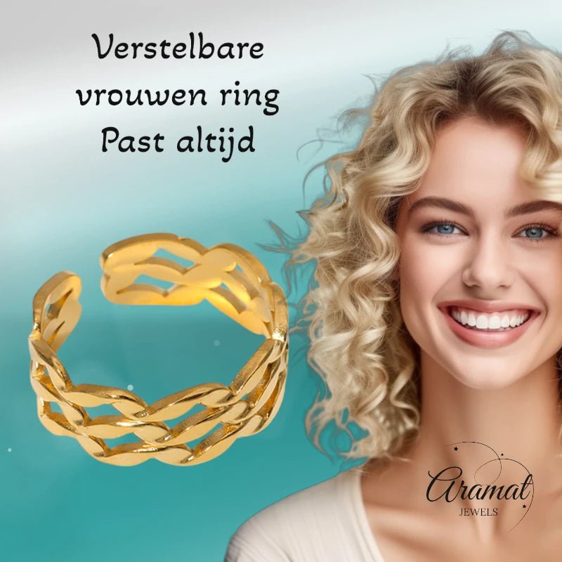 Stalen Verstelbare Open Ring - Wave Motief - One Size - Goudkleur -