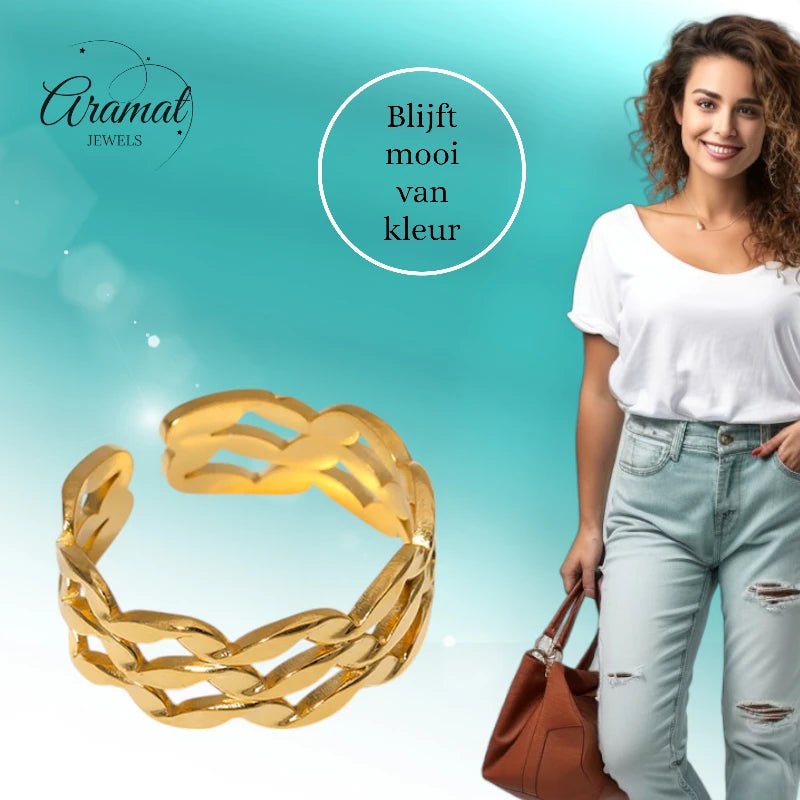 Stalen Verstelbare Open Ring - Wave Motief - One Size - Goudkleur -