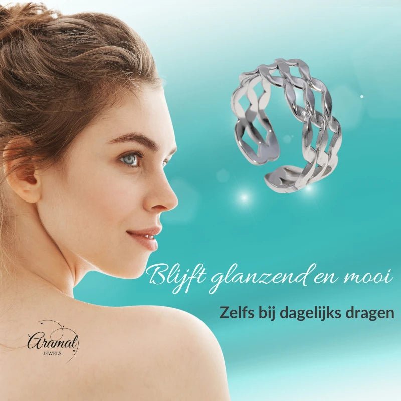 Stalen Verstelbare Open Ring - Wave Motief - One Size - Goudkleur -
