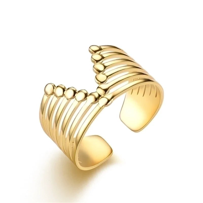 Stalen Verstelbare Open Ring - V-Shape & Dots - One Size - Goudkleur -