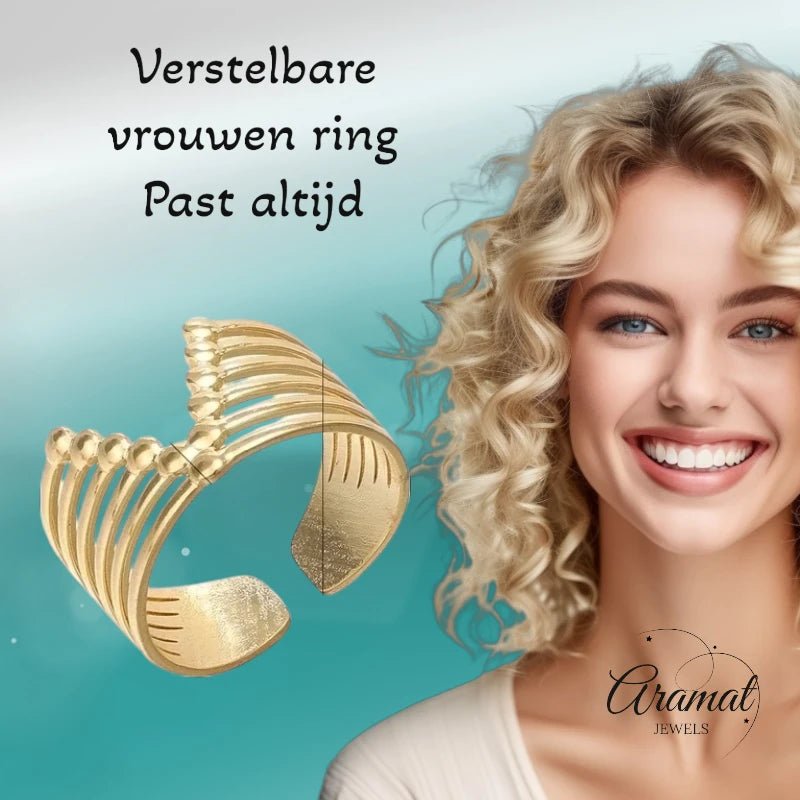 Stalen Verstelbare Open Ring - V-Shape & Dots - One Size - Goudkleur -