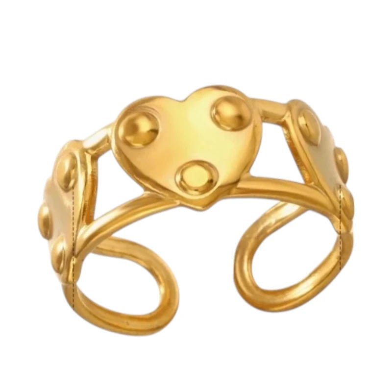 Stalen Verstelbare Open Ring - 3 Hartjes & Dots - One Size - Goudkleur -