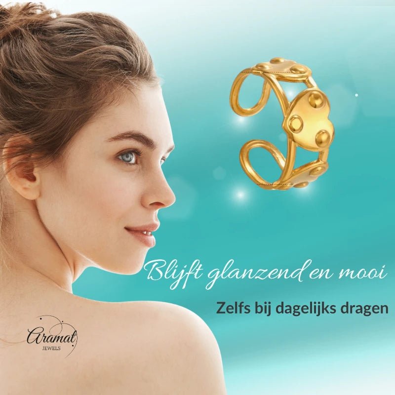 Stalen Verstelbare Open Ring - 3 Hartjes & Dots - One Size - Goudkleur -