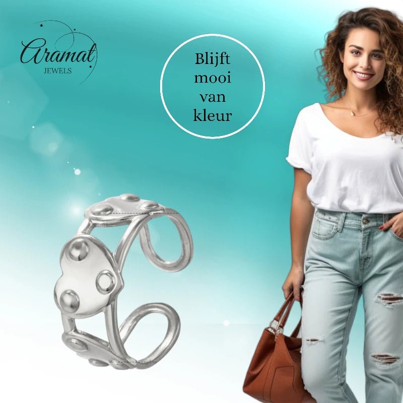 Stalen Verstelbare Open Ring - 3 Hartjes & Dots - One Size - Goudkleur -