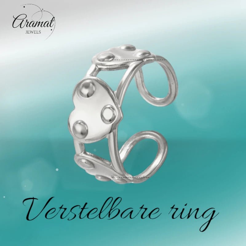 Stalen Verstelbare Open Ring - 3 Hartjes & Dots - One Size - Goudkleur -