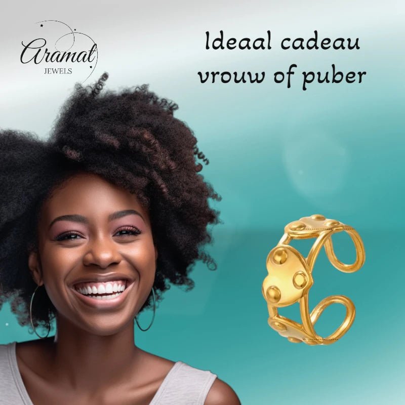 Stalen Verstelbare Open Ring - 3 Hartjes & Dots - One Size - Goudkleur -