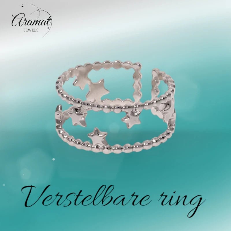 Stalen Verstelbare Open Ring - Sterretjes & Dots - One Size - Goudkleur -