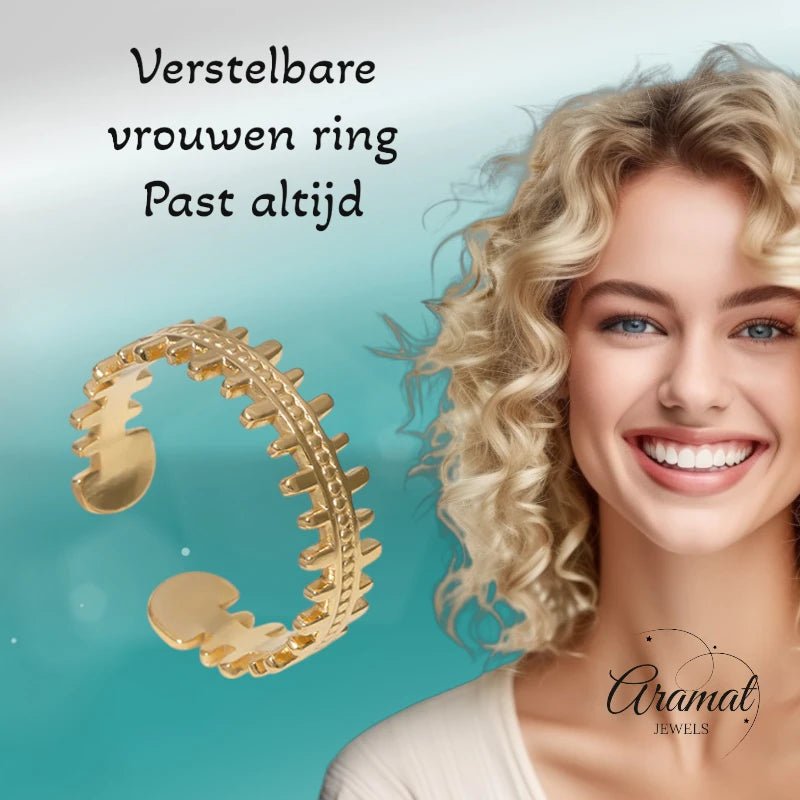 Stalen Verstelbare Open Ring - Streepjes & Dots - One Size - Goudkleur -